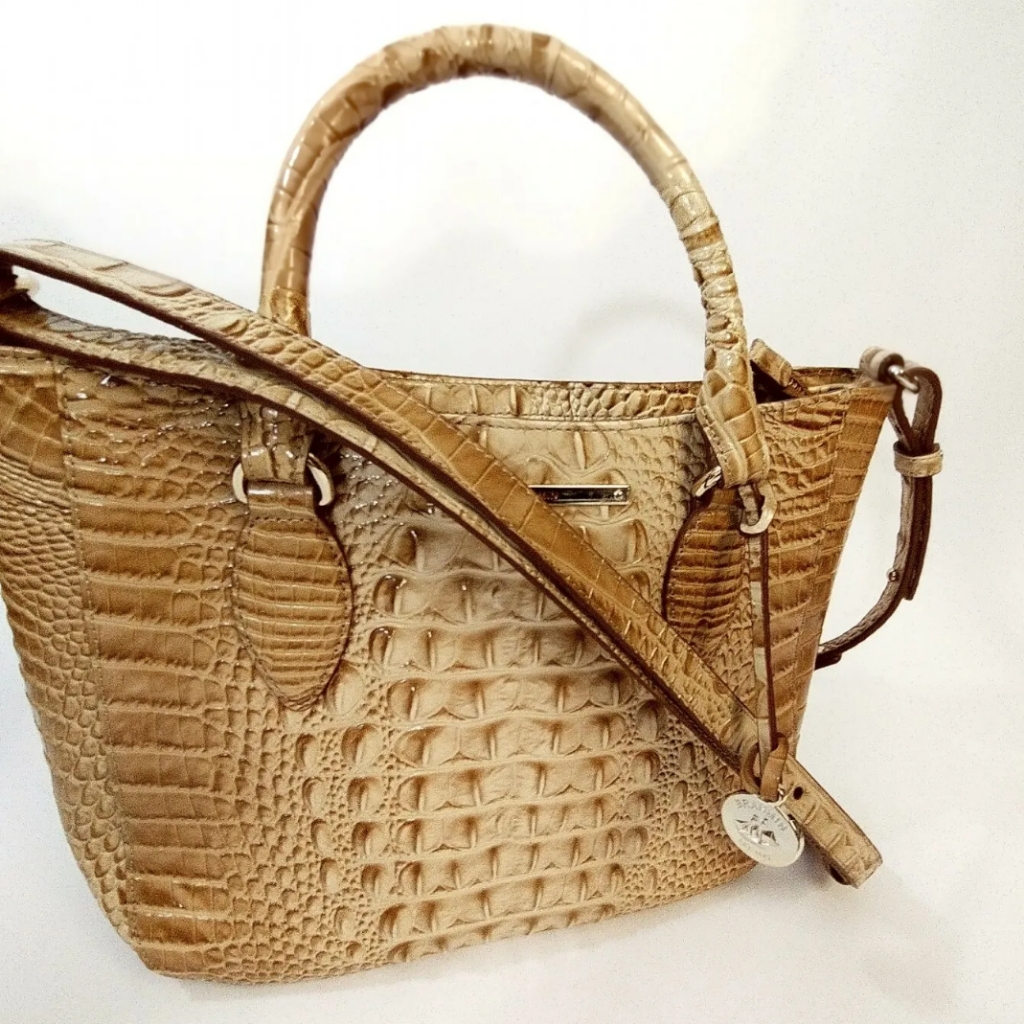 Brahmin Croc Embossed Leather Shoulder Satchel Bag Crossbody Tan Euc